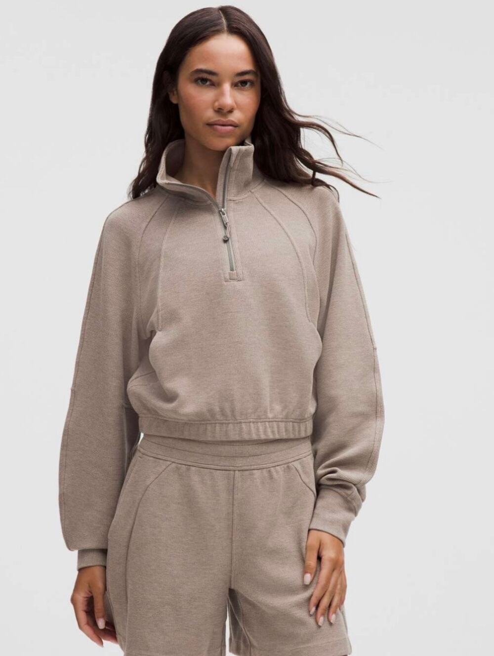 Lululemon Scuba Cropped Funnel-Neck Half Zip Waffle Heathered Warm Grey Sz Large